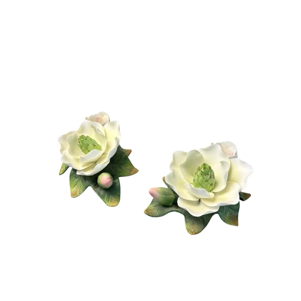 Set 2 Vintage Magnolia Flower Porcelain Figurines White Floral Decor‎